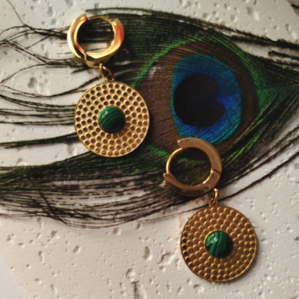 Circular Drop Earrings on Peacock Feather