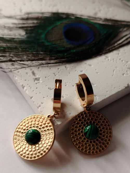 Anti- tarnish Circular Drop Hoops with Green Stone