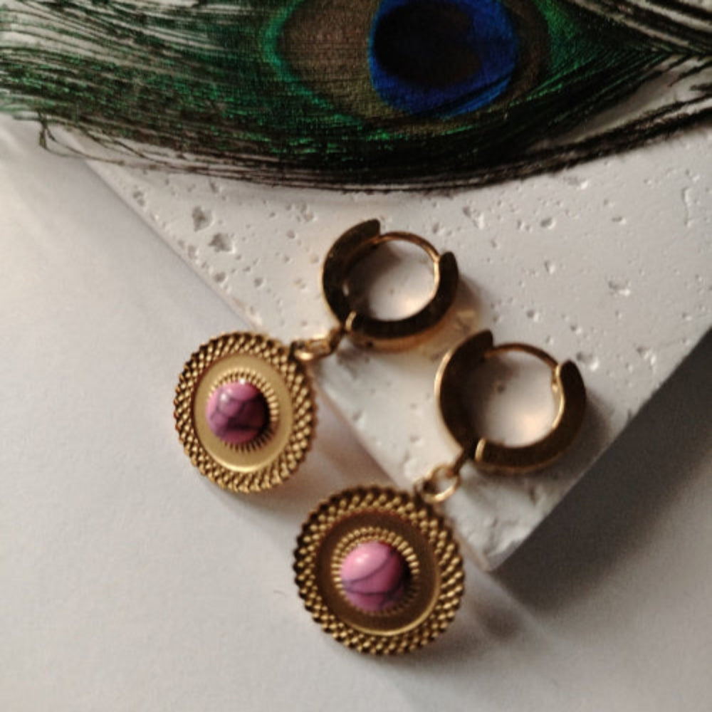 Anti-tanish Circular Drop Hoops with Pink Stone