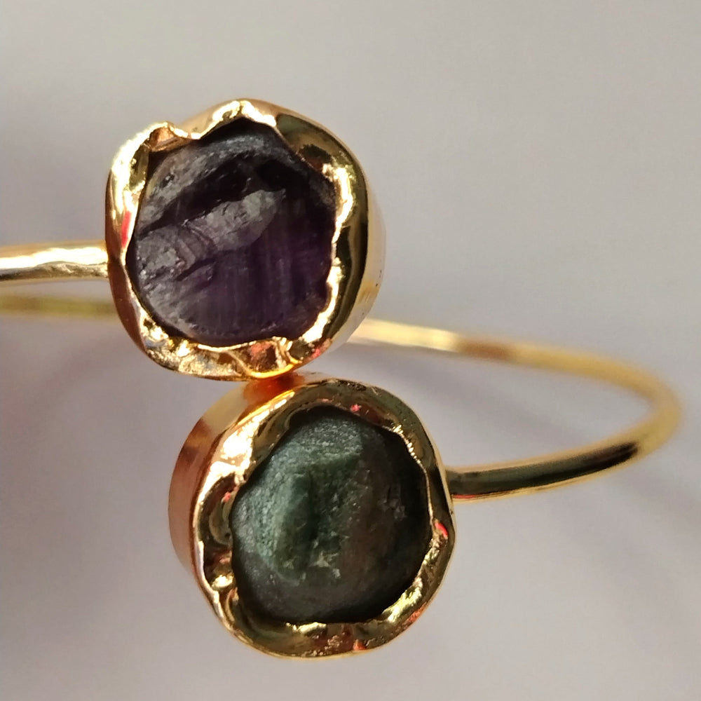 Golden Bangle with Amethyst and Aventurine on Either End