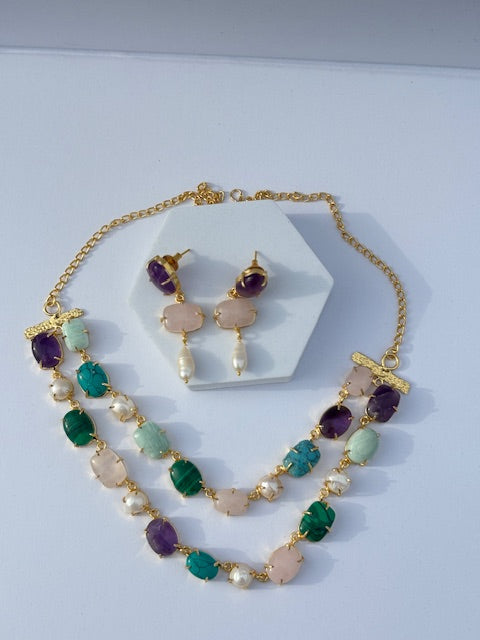 Double Layered Semi-precious Stone Neckpiece with Earrings