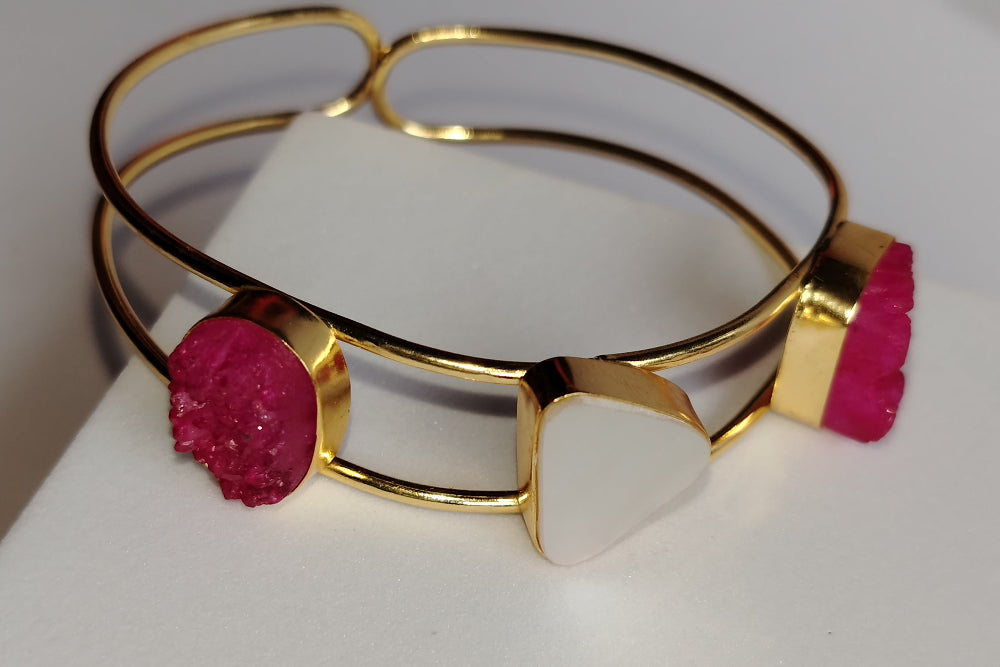 Open Style Bracelet with Mother of Pearl and Druzy Stones