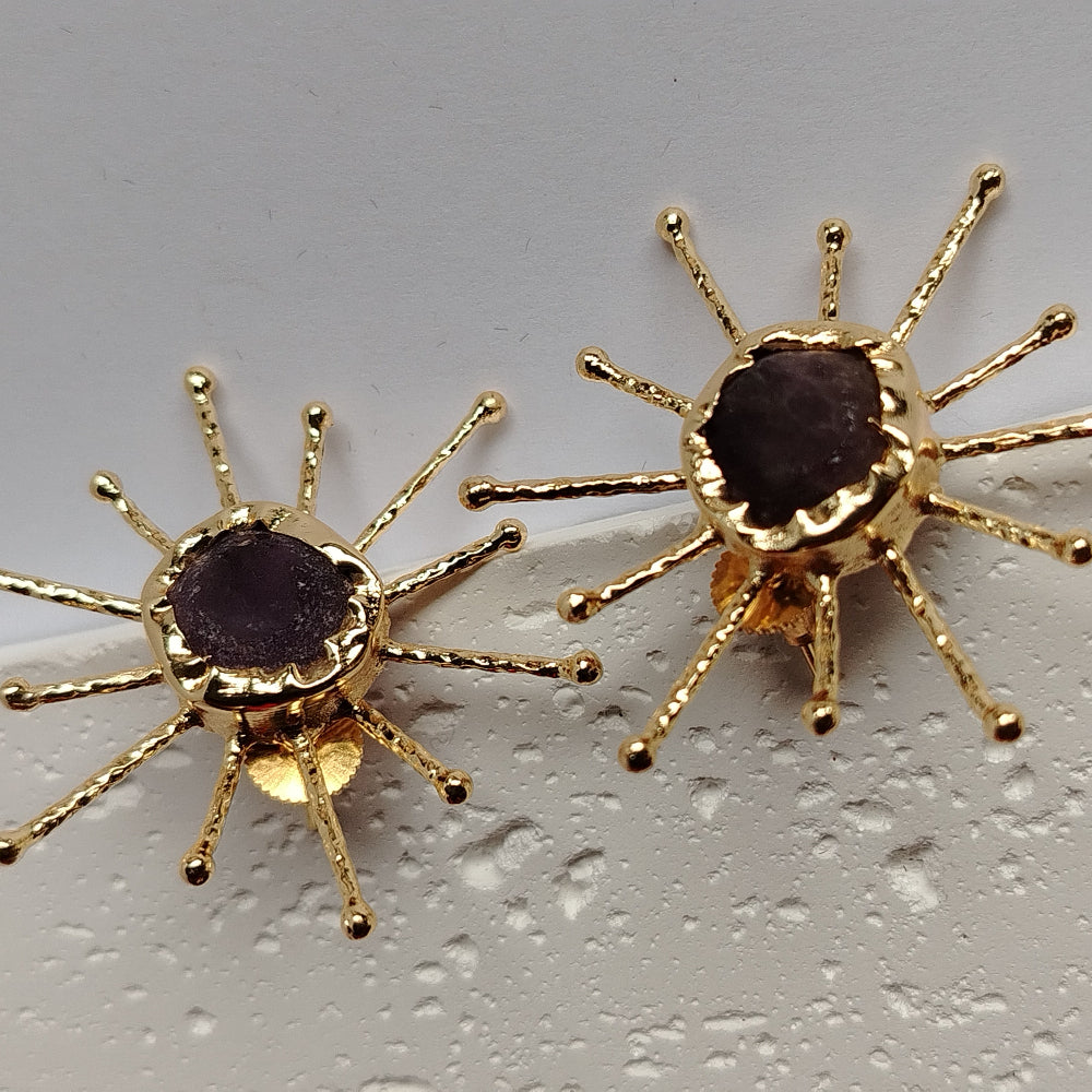 Sun Motif Amethyst Studs in Brass