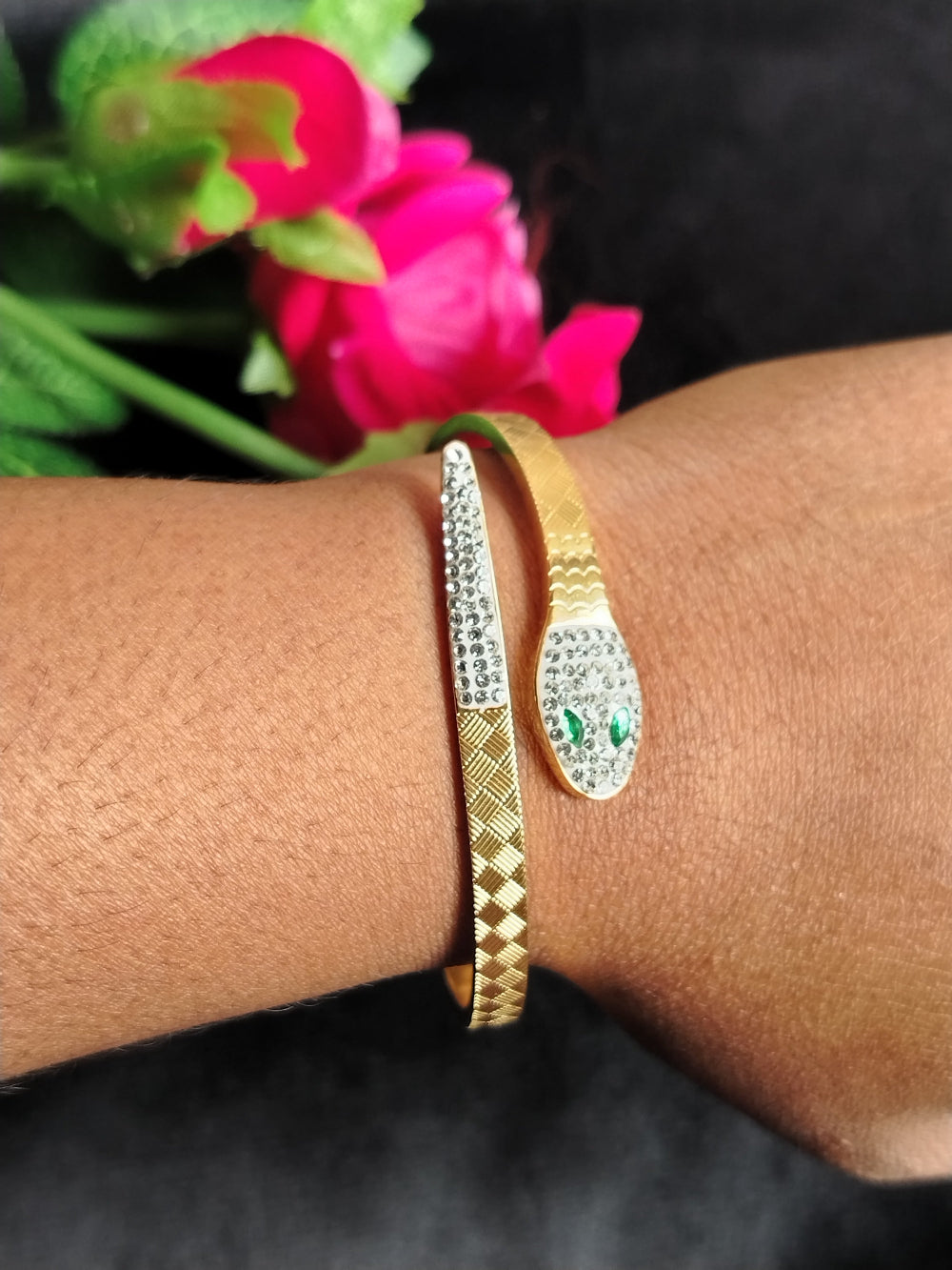 Model Wearing Green Eye Snake Head Bracelet
