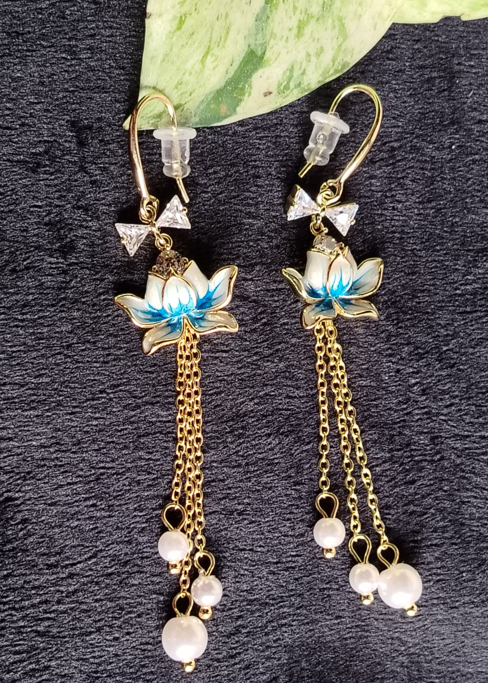 Blue Lotus Danglers with CZ and Pearl Beads