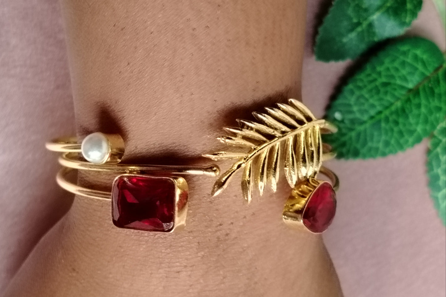 Model Wearing Palm Leaf Ruby Stone Hand Cuff