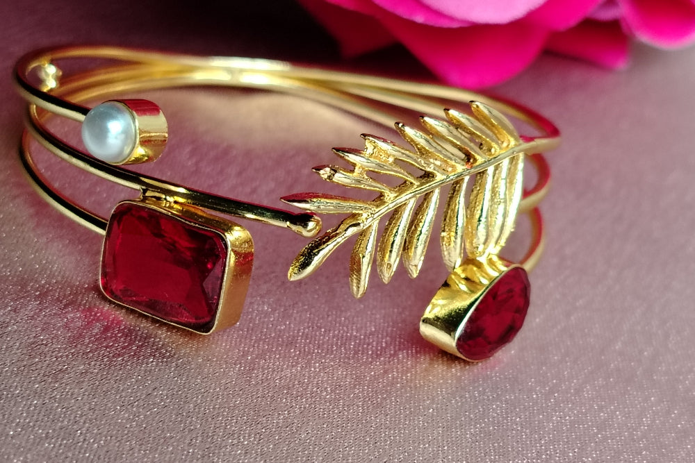 Palm Leaf Bangle with Pearl and Ruby Crystal