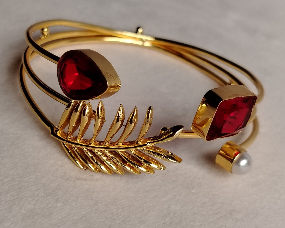 Palm Leaf Ruby Stone Hand Cuff with Pearl
