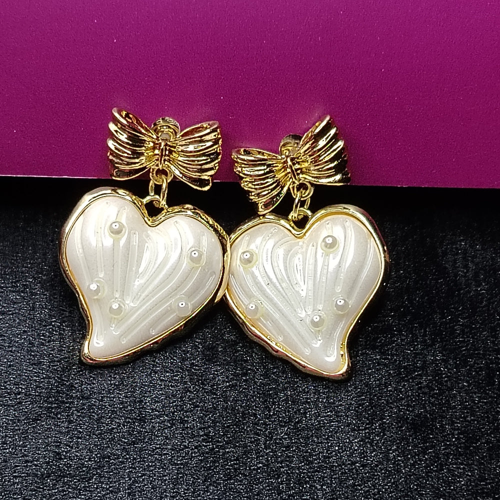 PEarl WHite Heart Korean Style Earrings on Bow Studs