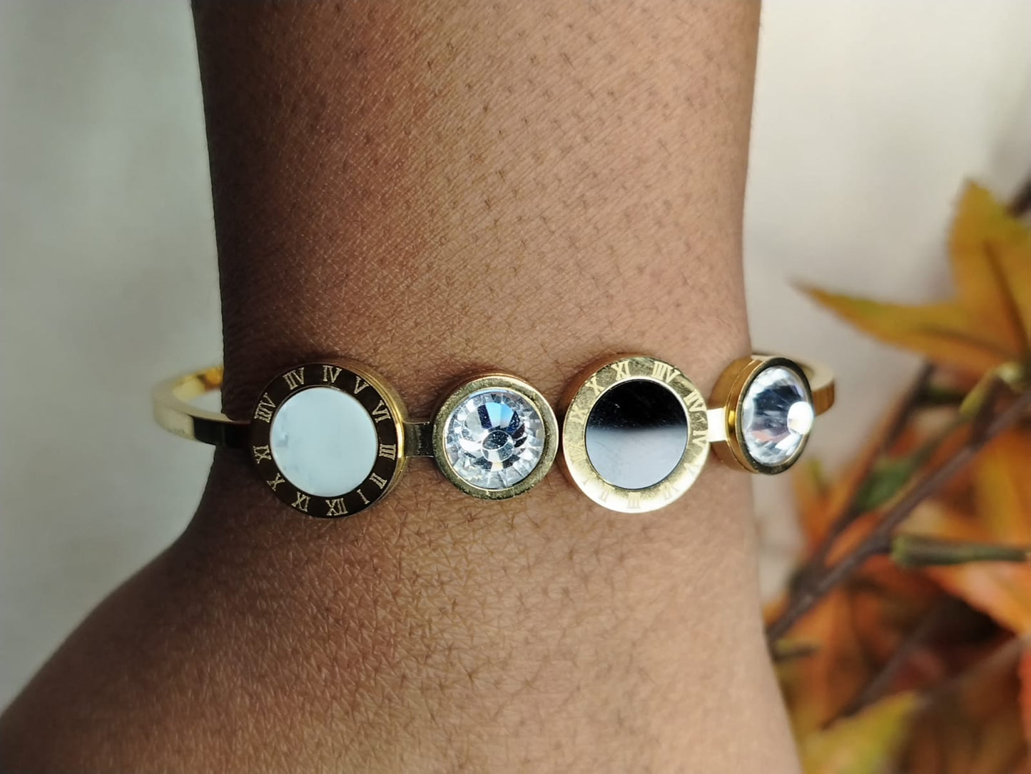 Model Wearing Anti-tarnish Black and White Crystal Bracelet