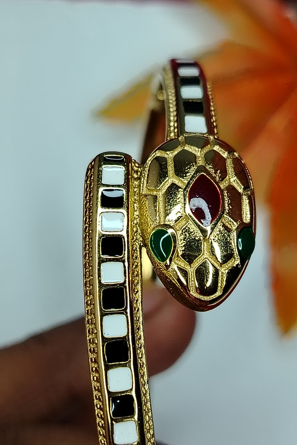 Black & White Snake Hood Bracelet with Green Eyes