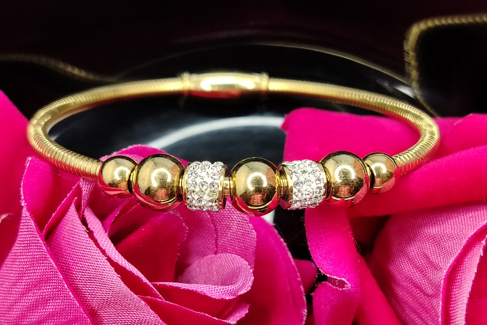 Gold Polish Openable Bangle with AD and Golden Beads