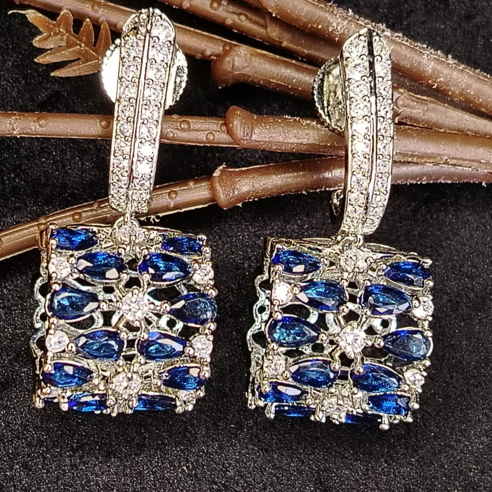 American Diamond Earrings in Drum Style with Blue Crystal