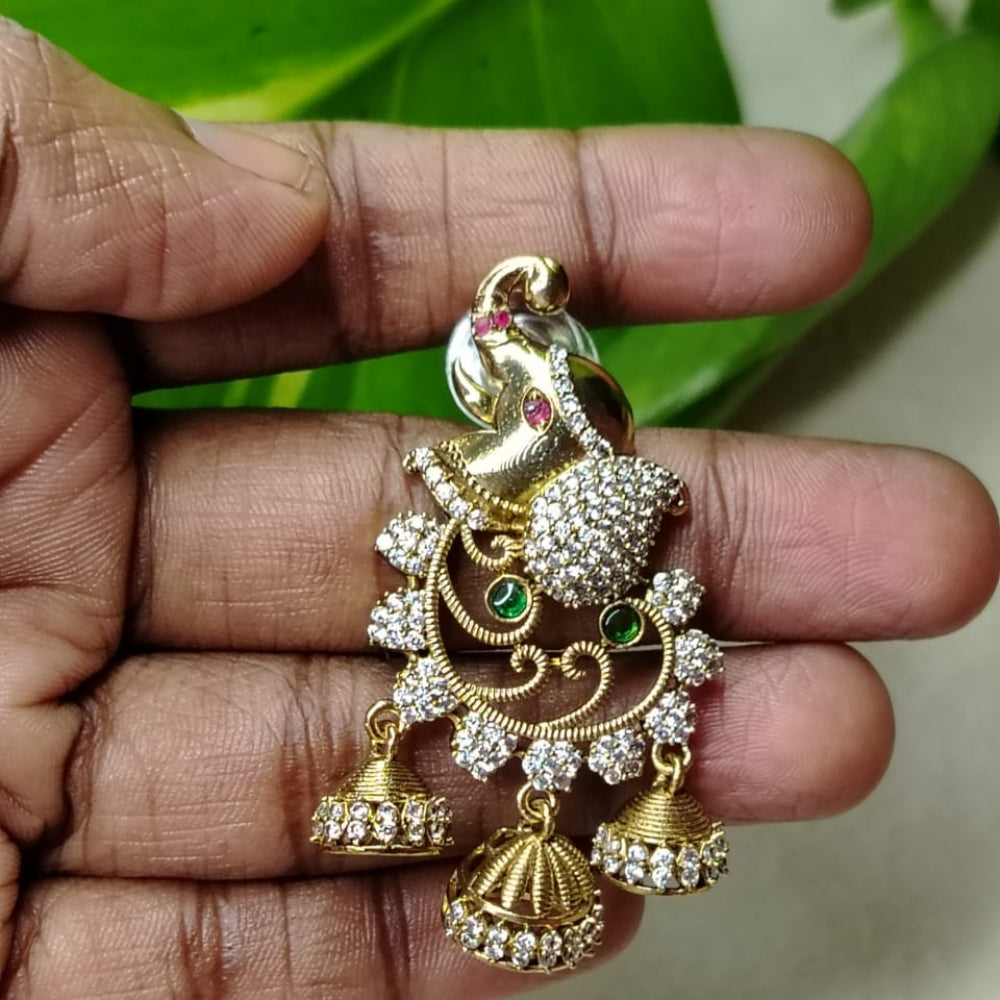 Model Holding Peacock Jhumka Earrings