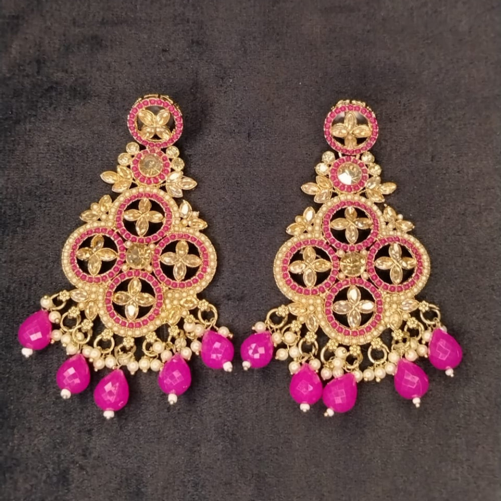 Ornate Earrings with DArk Pink and Golden Kundan with Beads