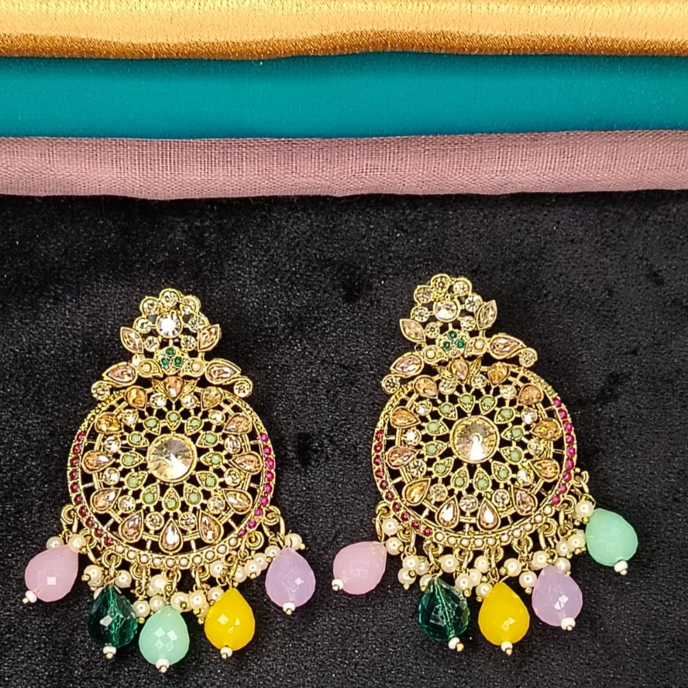 Pair ofRound MOtif Intricate Earrings with Colorful Beads and Kundan on Dark Surface
