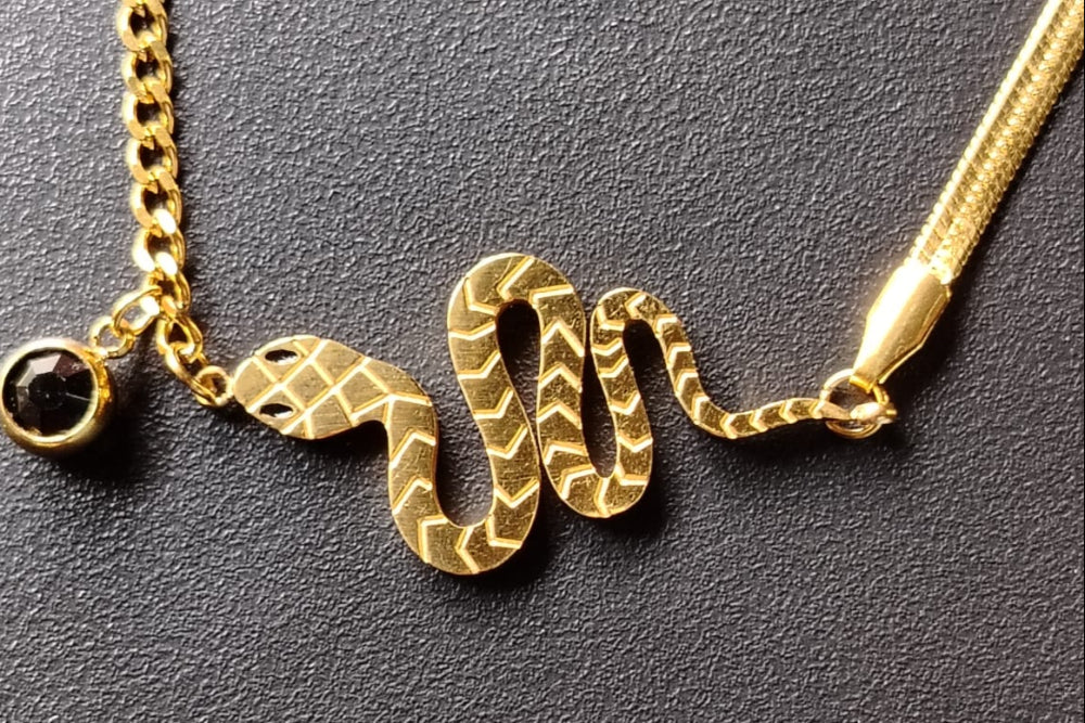 Anti-tarnish Golden Snake Pendant with Black Crystal Charms