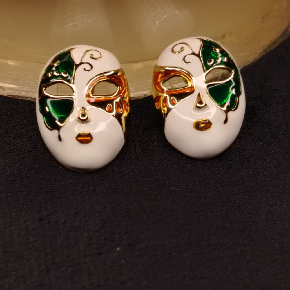 Pair of Mask-shaped Earrings with Green and Gold Accents on a Dark Background