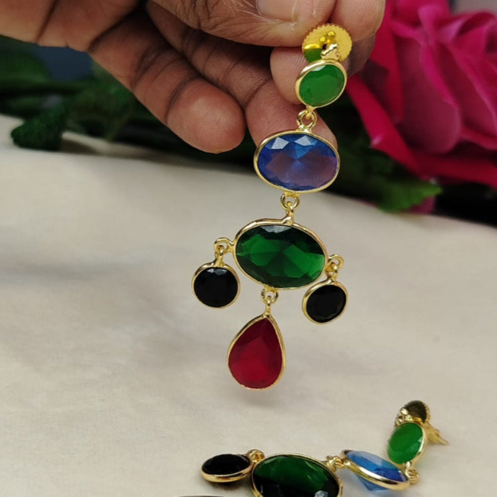 Multicolored Dangler Earrings Held by Hands against Roses
