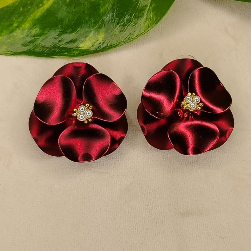 Maroon Broad Earrings with Pearl Beads in the Middle on a Beige Background