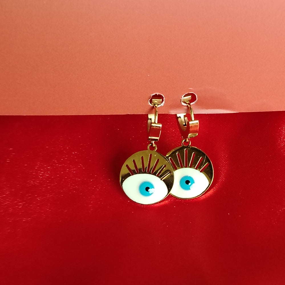 Anti-tarnish Evil Eye Earrings on a Red Background