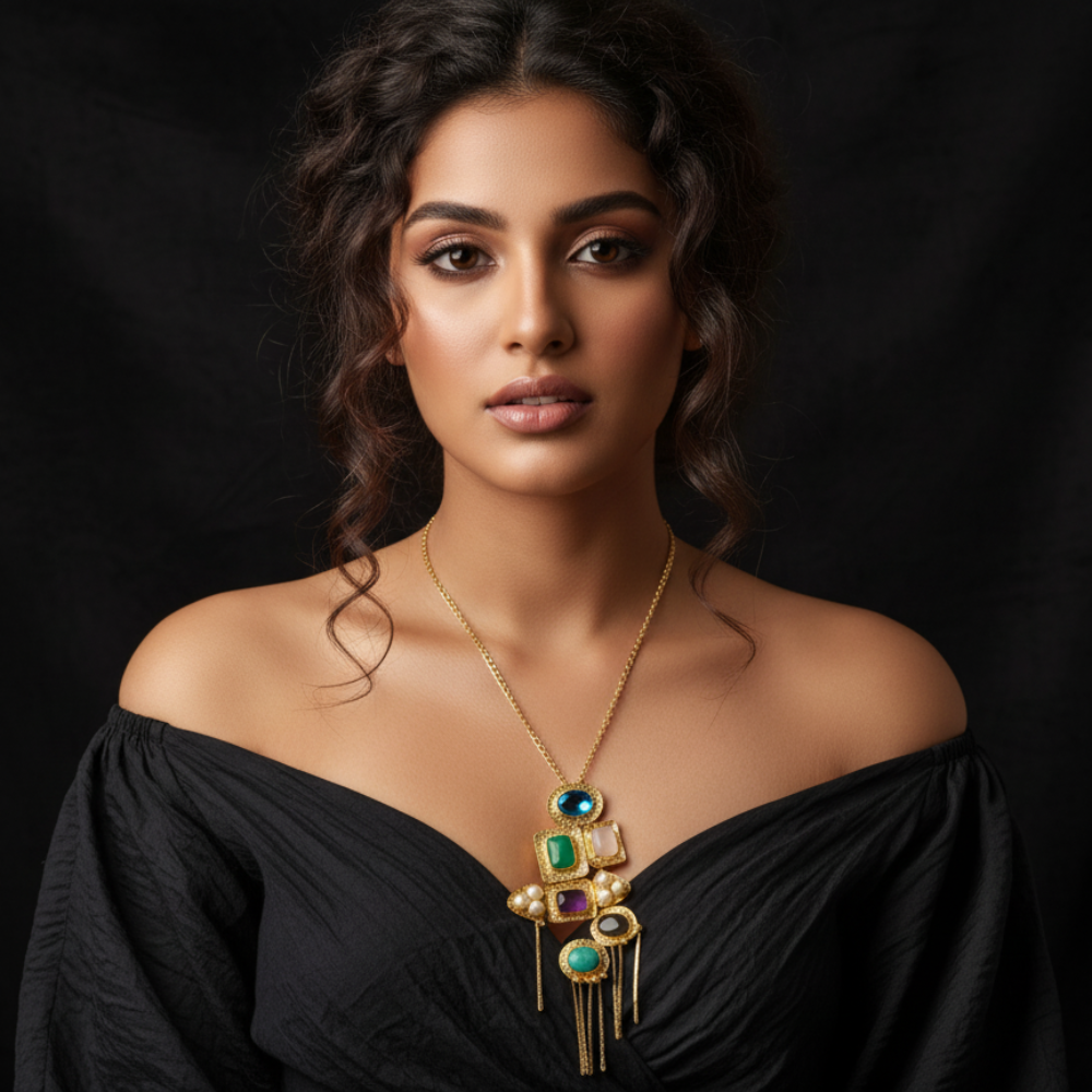 Woman wearing a black off-shoulder top and a gold necklace with gemstones against a dark background