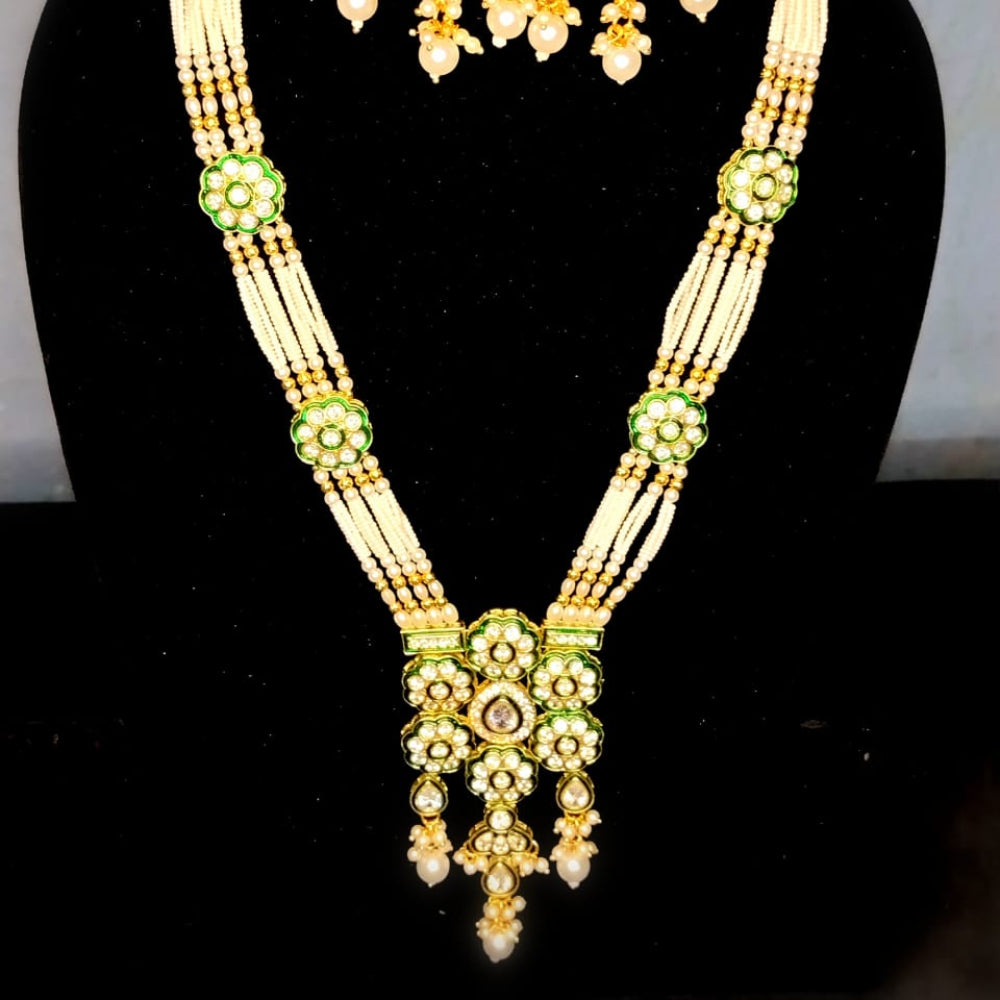 Golden Long Pirohi Haar with Floral Kundan Pendant