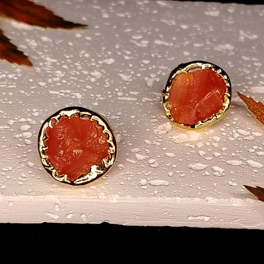 Pair of earrings with red Cranelian stone and gold border on a textured surface with leaves.