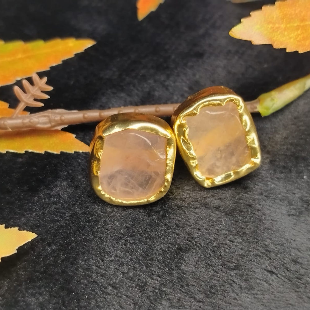 Gold-framed Pink-colored gemstone Earrings on a dark surface with autumn leaves.