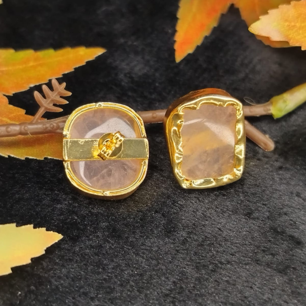 Back View of Gold-framed Rose Quartz Stone earrings on a dark surface with autumn leaves