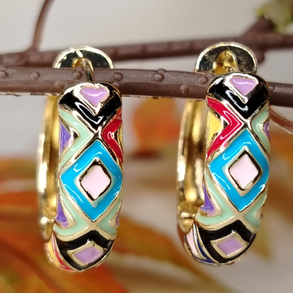Colorful hoops earrings with geometric enamel patterns hanging on a branch.