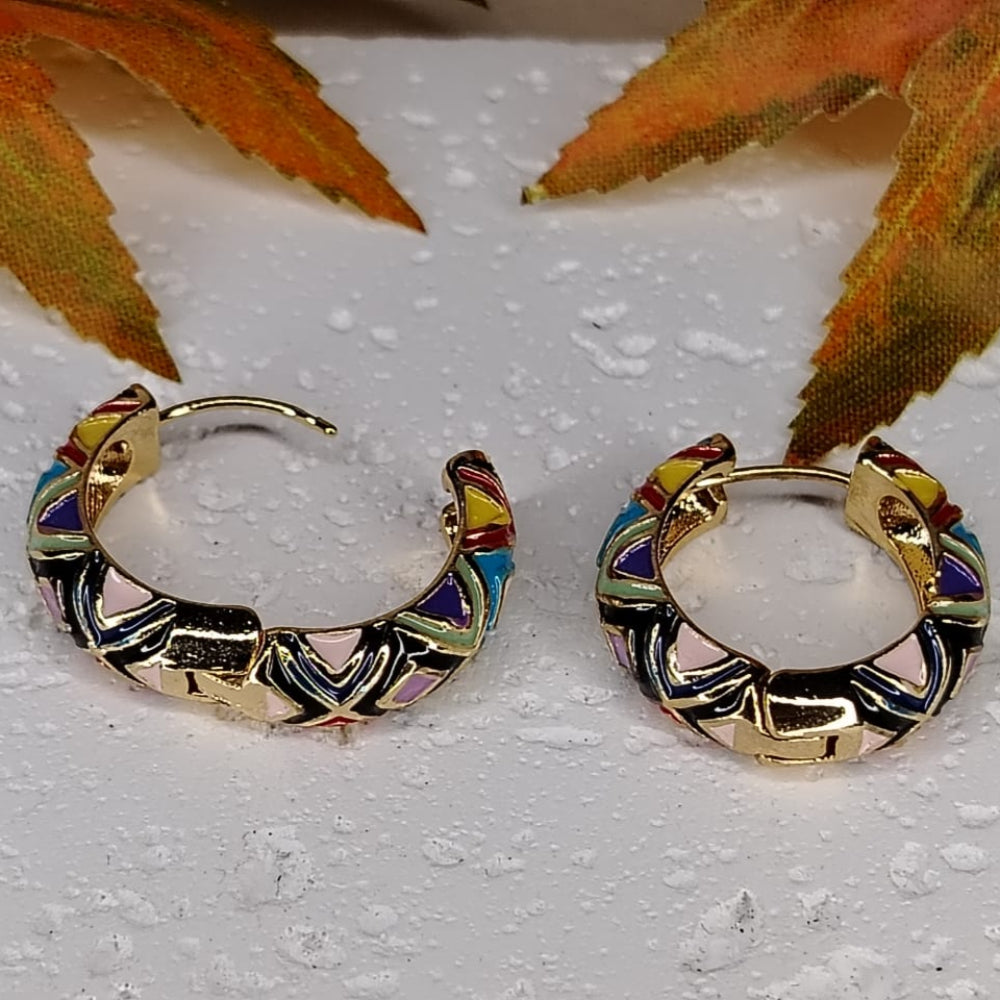 Pair of golden hoop earrings with colorful Enamel patterns on a textured surface with leaves in the background.