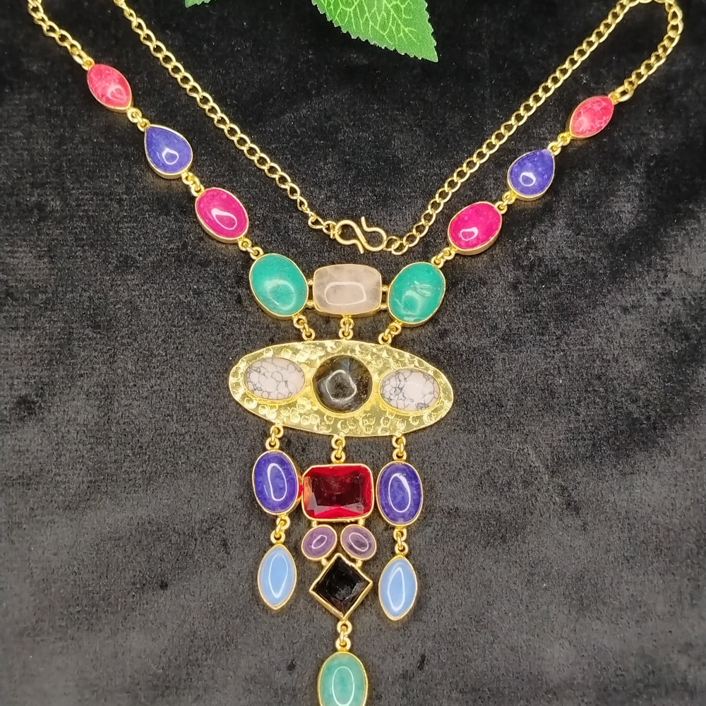Semi-precious Stone Broad Pendant Necklace on a Black Background
