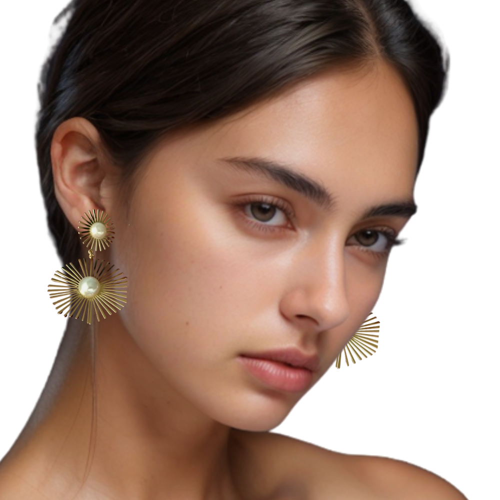 Model Wearing Sun-shaped Earrings with Pearl