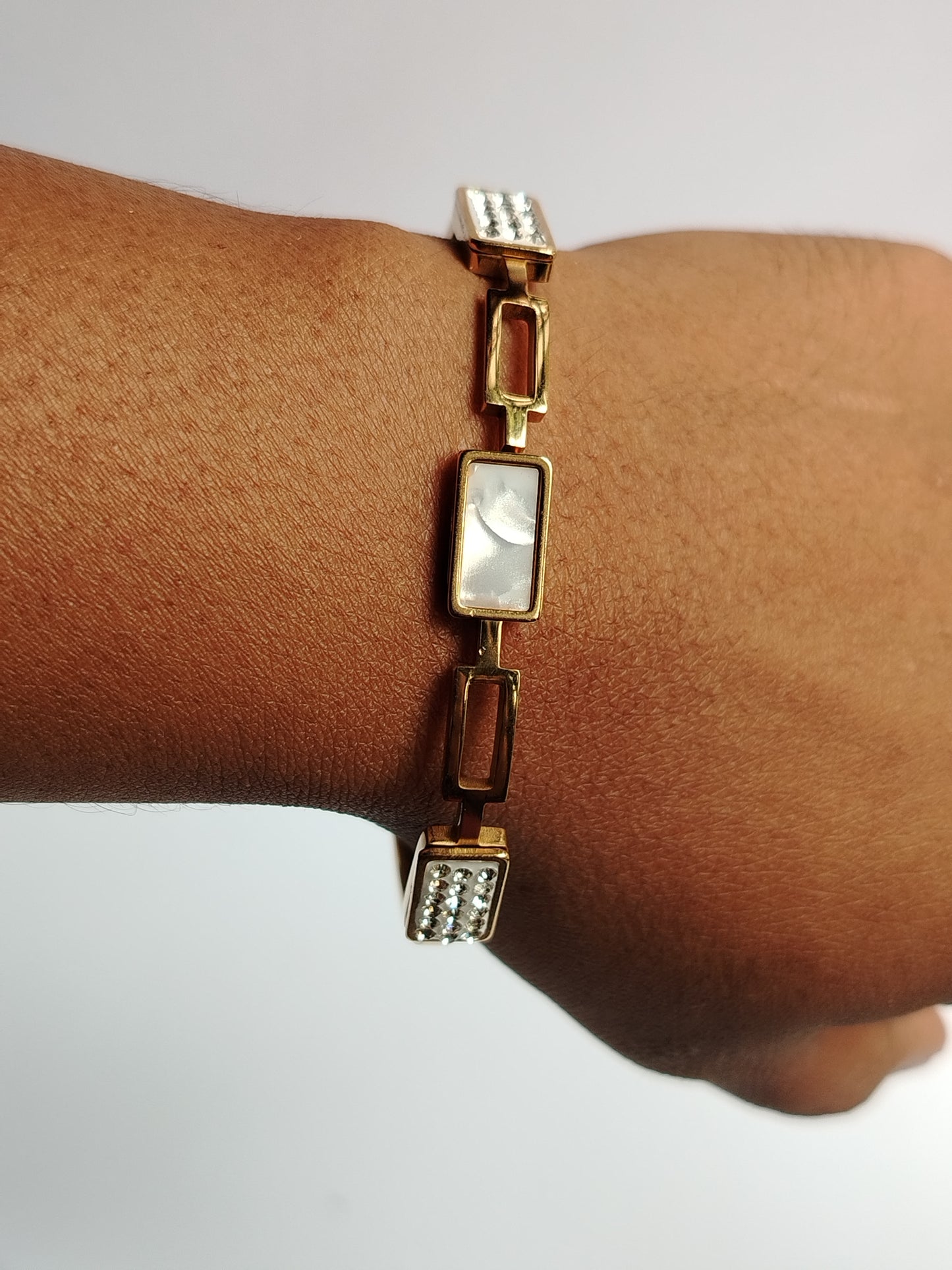 Model Wearing Anti- atrnish MOP and CZ Bracelet