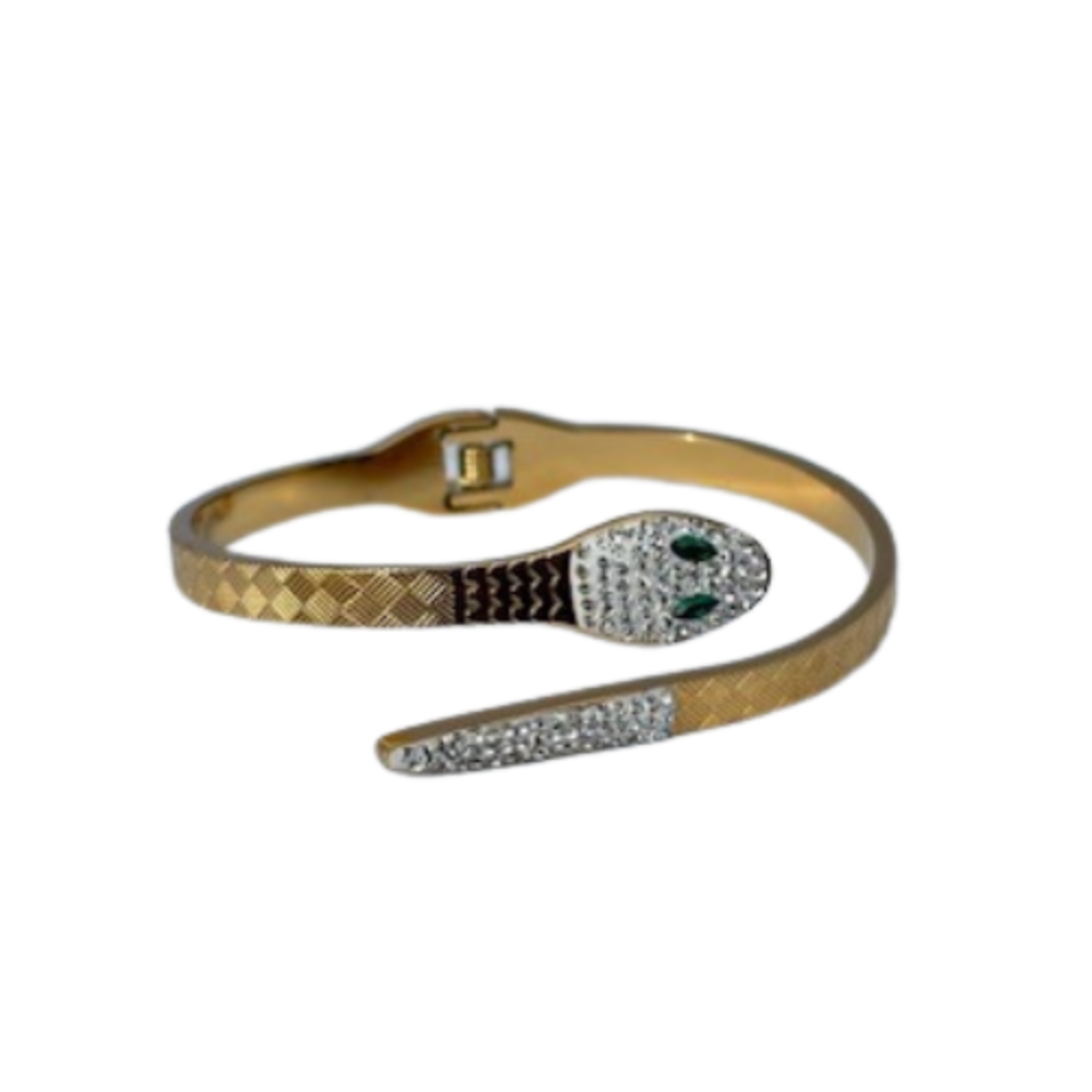 Free Size Snake Head Hand-cuff with CZ And Green Crystal Eyes