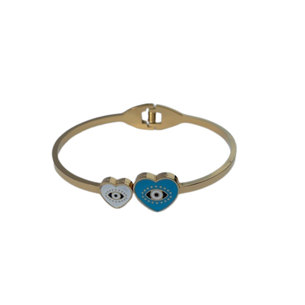 Gold bracelet with heart-shaped evil eye charms on a white background
