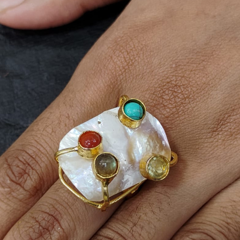 MOdel Wearing Ring with Natureal Pearl and Colorful Gemstones