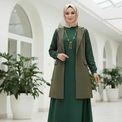 Woman in a green dress with a matching vest standing in a bright indoor setting with plants.