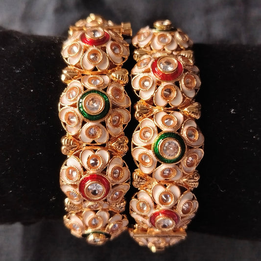Foral Kundan Kada with Red and Green Enamel on Velvet Pillow