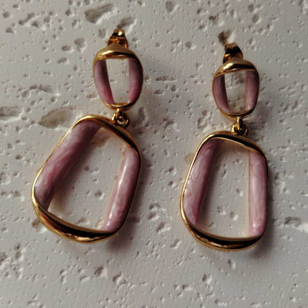 Pink Bent Square Korean Earrings on  white Background