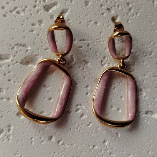 Pink Bent Square Korean Earrings on  white Background
