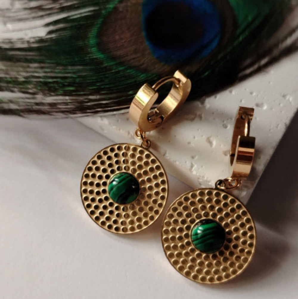 Circular Drop Hoops with Green Stone