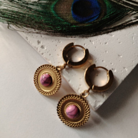 Anti-tanish Circular Drop Hoops with Pink Stone