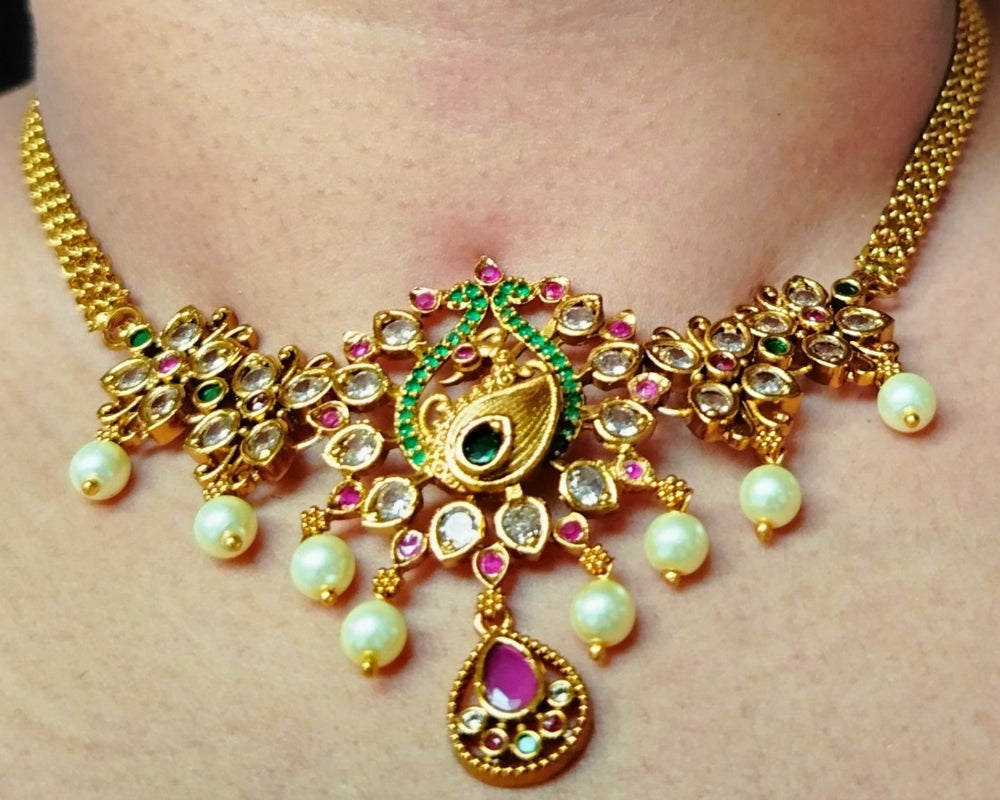 Model Wearing Peacock Choker with AD, Green and Red Crystals