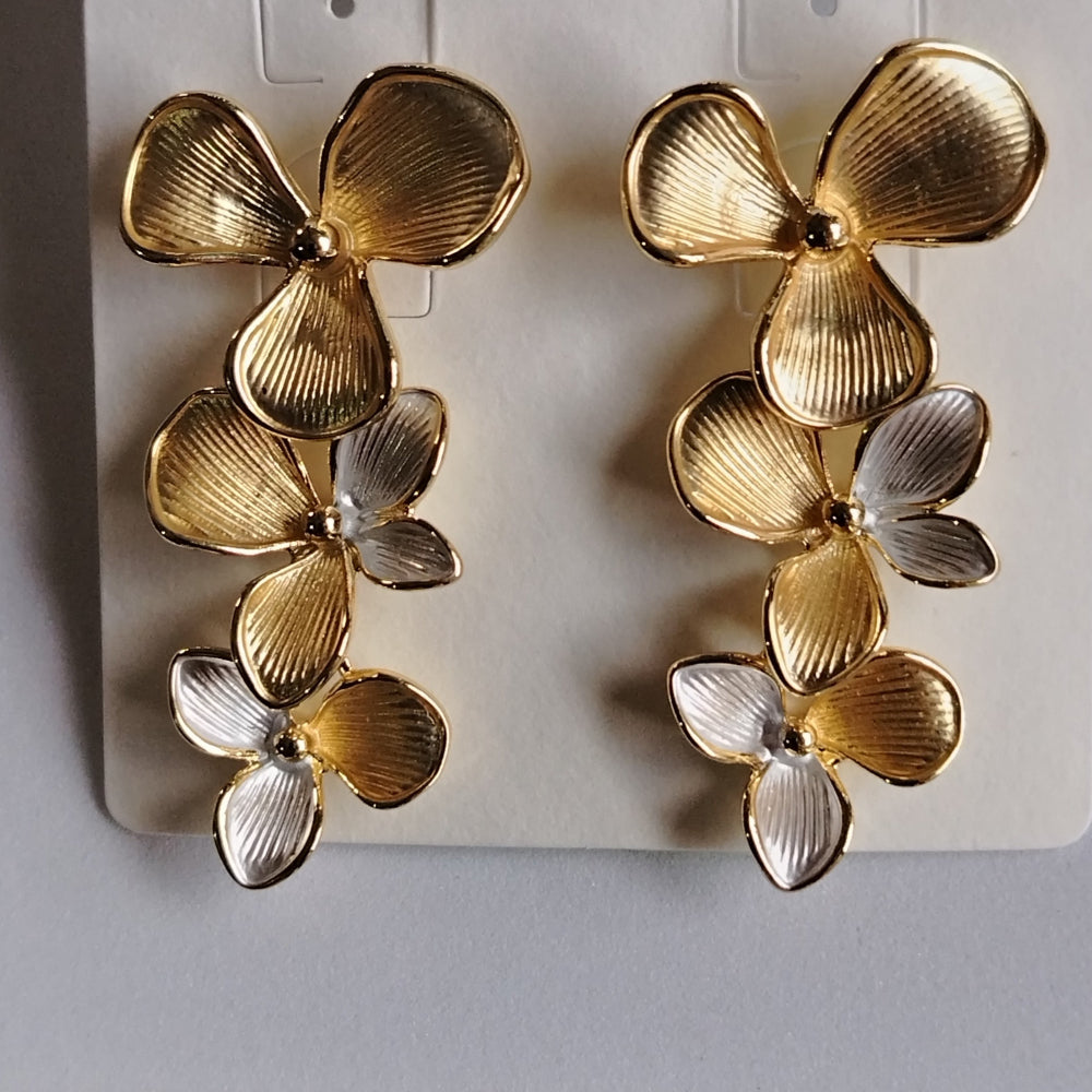 Three Layered Dual Tones Floral KOrean Earrings on White Surface
