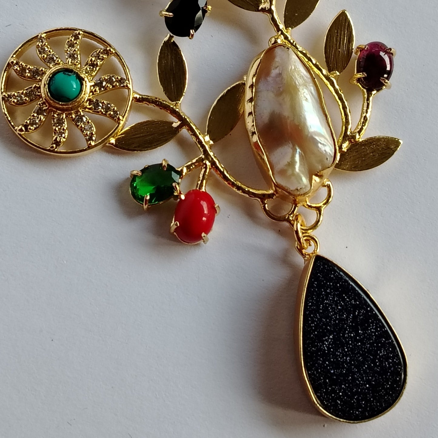Broad Floral Pendant with Baroque Pearl and Natural Stones