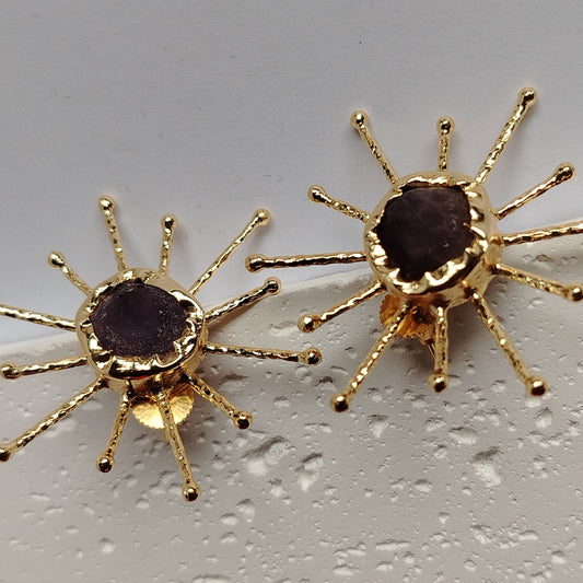 Sun Motif Amethyst Studs in Brass