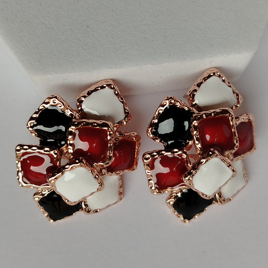 Square Pattern Earrings with Red, Black and, White Italian Enamel on White Background