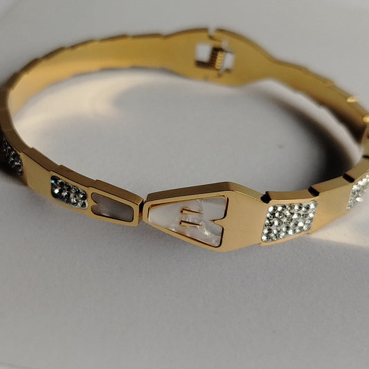 Anti-tarnish Snakehood Bracelet with Diamond Accents and Mother Of Pearl